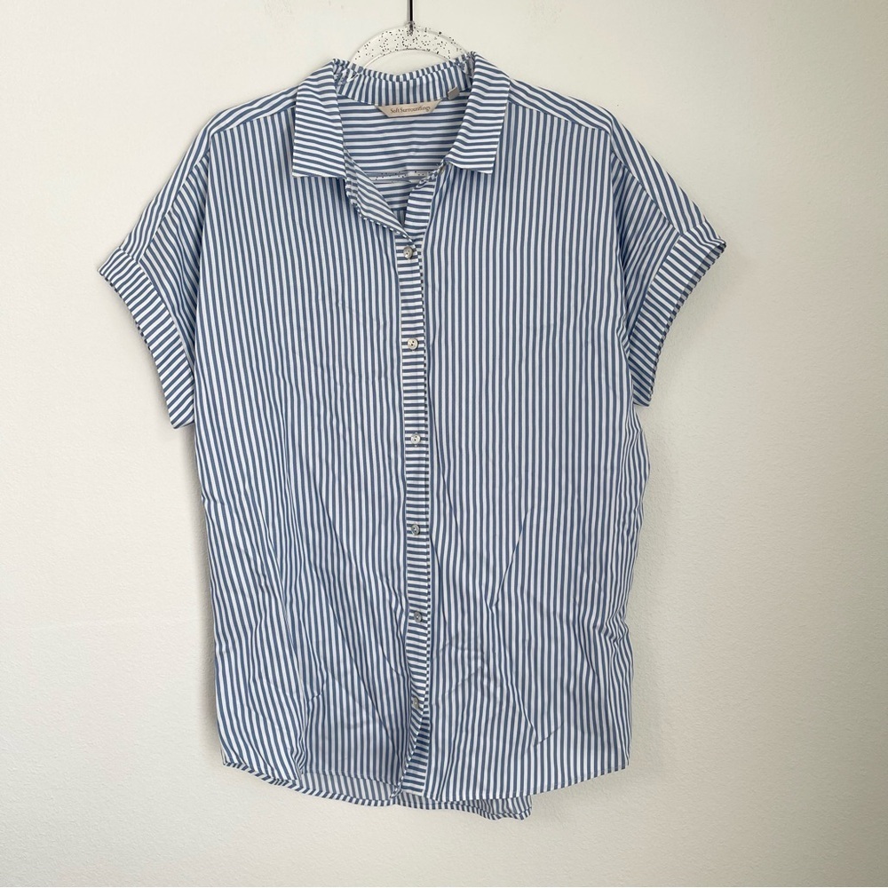 Soft Surroundings Blue & White Striped Button Front Dolman Shirt Size M